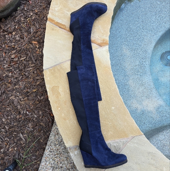 Nwot Stuart Weitzman  Blue and Black  Suede Wedge Knee-High Boots 9M - Picture 5 of 15